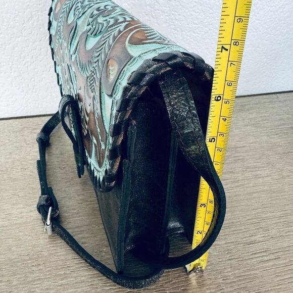 Patricia Nash Lanza Turquoise Blue Brown Floral Tooled Crossbody Purse Bag - Picture 4 of 7